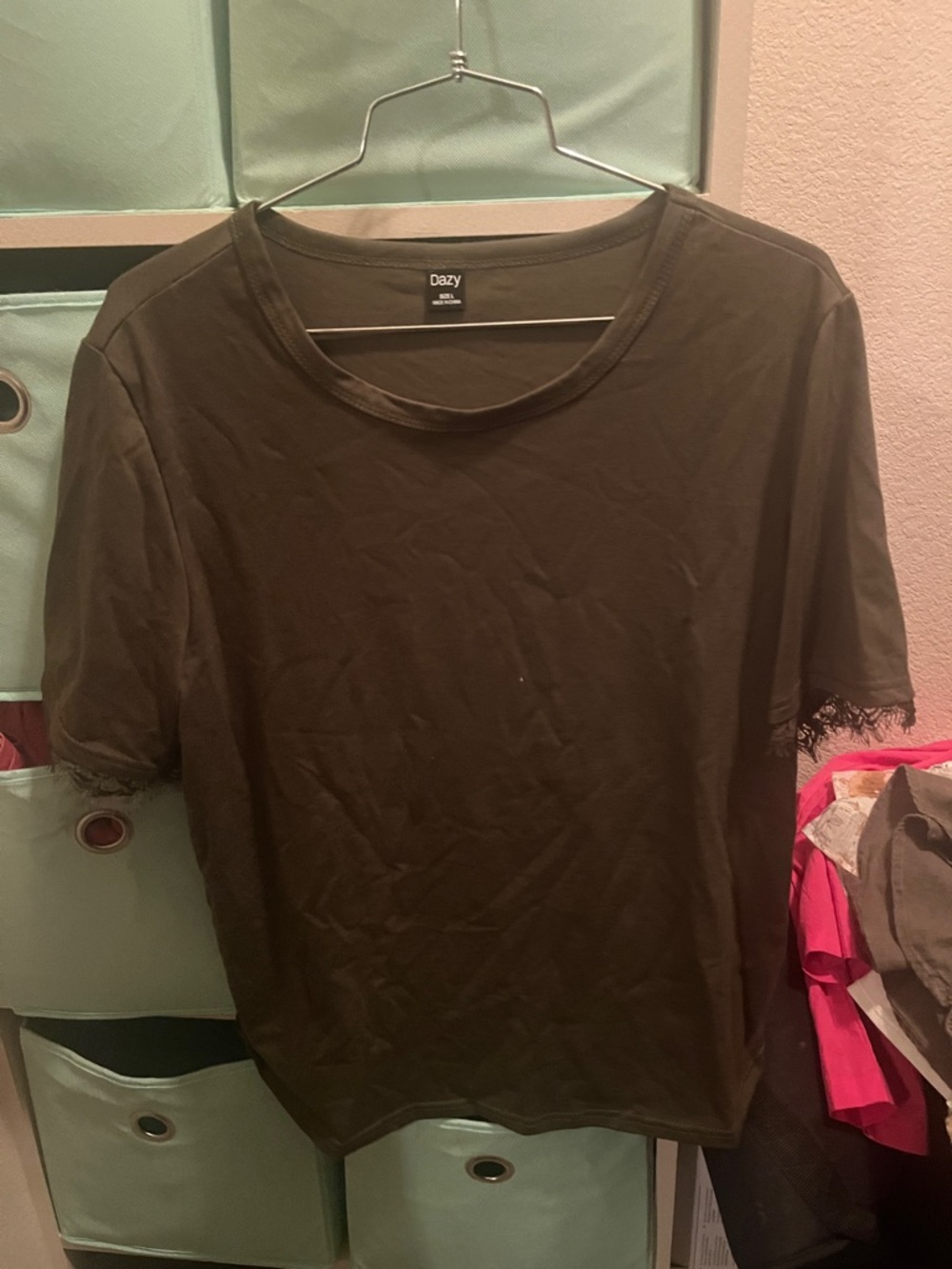 Dazy Olive Green Short Sleeve Tee with Lace Sleeve Trim